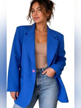 Vintage Leslie Fay Cobalt Blue Oversized Boyfriend Blazer Pink Button Size 14